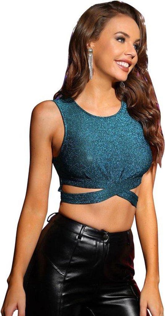 Halloween-Party-Oberteil mit Cut-Out und überkreuzten Schleifen - Glitzer-Crop-Halter für Frauen