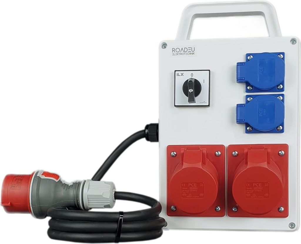 RoadEu - Steckdosenverteiler, 2x CEE 16A Steckdose mit Schalter und Schuko 230V, mit Hauptschalter 0-1. CEE Stecker 16A, Starkstromkabel 16A - 1m