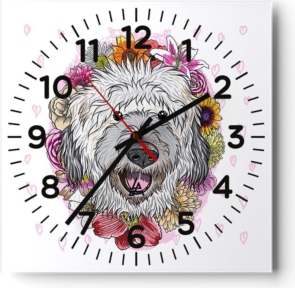 Wanduhr - Quadrat - Glasuhr - Hund Blumen Kinder exotische - 30x30cm - Schleichendes Uhrwerk - Lautlos - zum Aufhängen bereit - Dekoration Modern ...