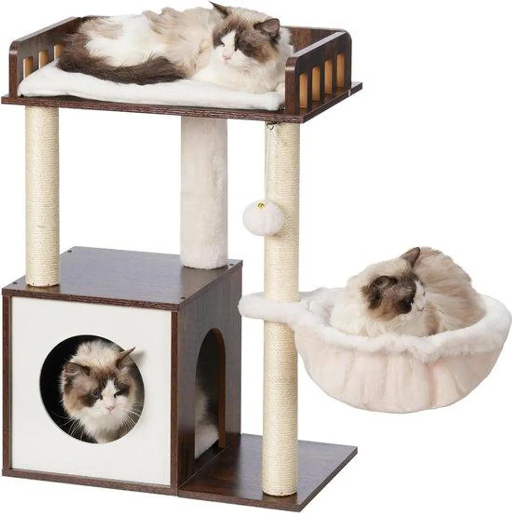 Arbre à chat moderne marron avec 3 griffoirs en sisal lavable M102