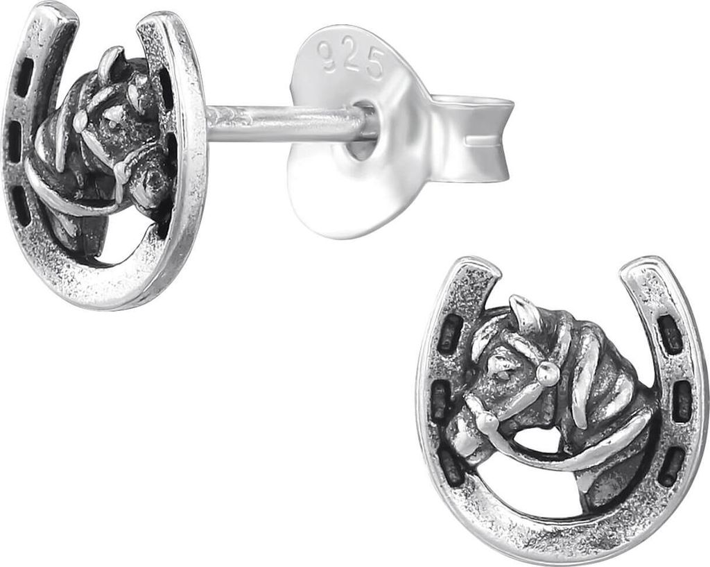 Ohrringe Ohrstecker 925 Sterling Silber vergoldet Hufeisen mit Pferdekopf Material - Silber