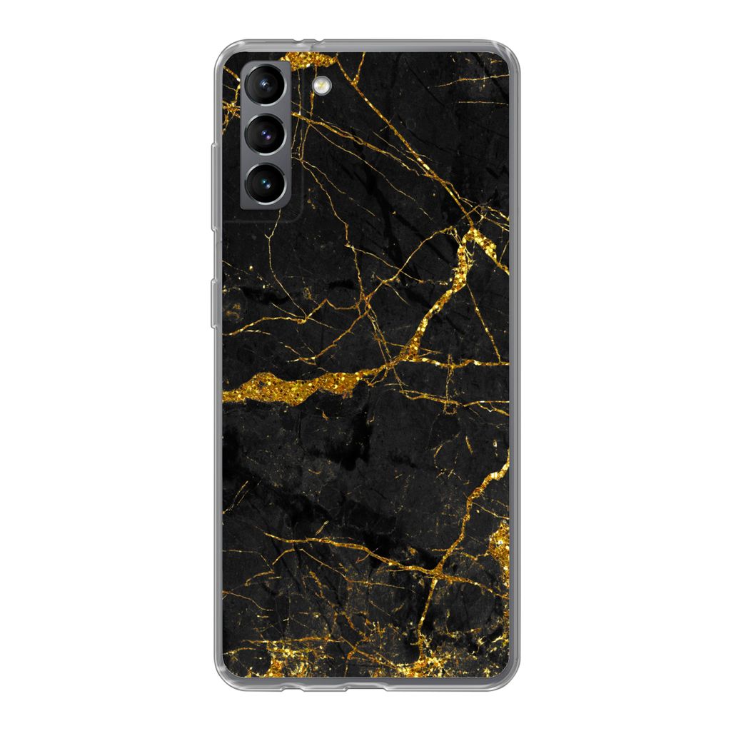 MuchoWow Handyhülle Schutzhülle Hülle für Samsung Galaxy S21 Plus Marmor - Gold - Schwarz - Marmoroptik - Luxus - Glitzer Silikon Softcase Ha...