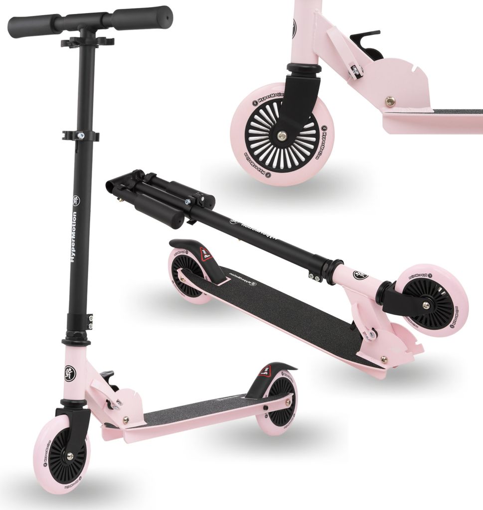 A collage of images showing a pink and black foldable scooter from different angles.