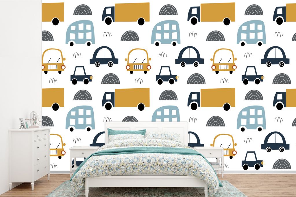 MuchoWow Fototapete für Wohnzimmer oder Schlafzimmer Wandtapete Vinyl Motivtapete Muster - Jungen - Auto - Kind - 525x350 cm - Das Hintergrundbild