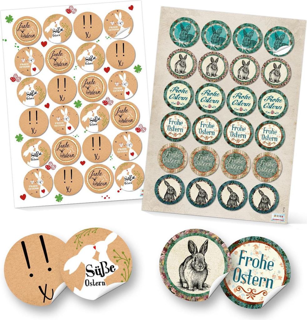 Set 48 Frohe Ostern Aufkleber Osterhase Osterdeko bunt Osteretiketten rund Verpackung Kindergeschenke Geschenke Give-Away beige rot weiß türkis