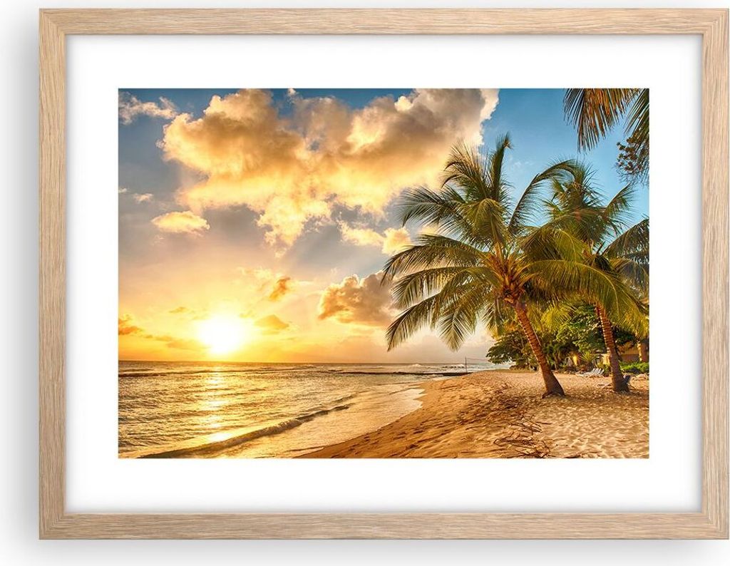 Gerahmtes Poster - Rahmen in heller Eiche - Strand Meer Palme - 40x30 cm - Wand Bild - Wanddeko - Wandbilder - Wandposter - Bilderrahmen - Bilder -...