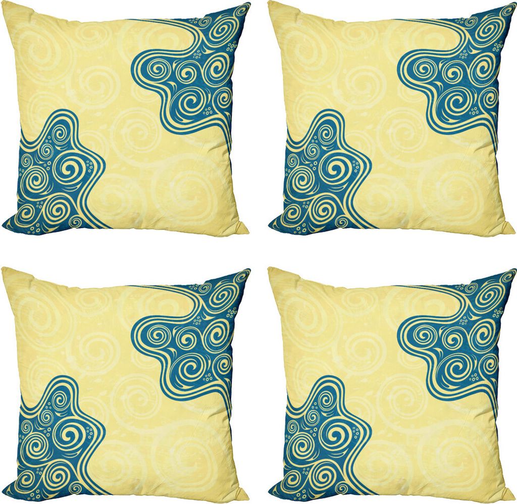 ABAKUHAUS Abstrakt Kissenbezug Set (4 Stück), Vintage Blumen Spiral, Moderner Doppelseitiger Digitaldruck, 40 cm x 40 cm, Gelb / Blau