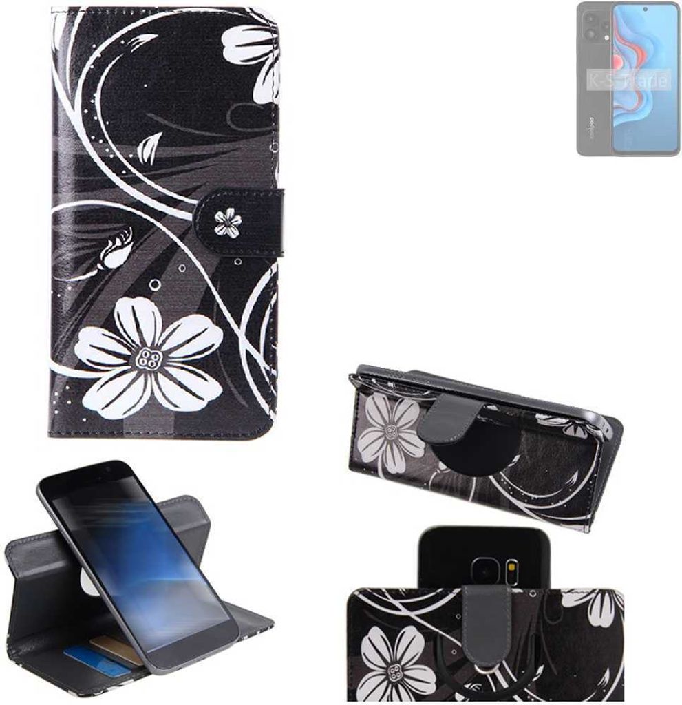 K-S-Trade Schutzhülle Handyhülle kompatibel mit Coolpad CP12s Hülle 360° Wallet Case “Flowers“ Klapphülle Hülle schwarz-weiß 1x