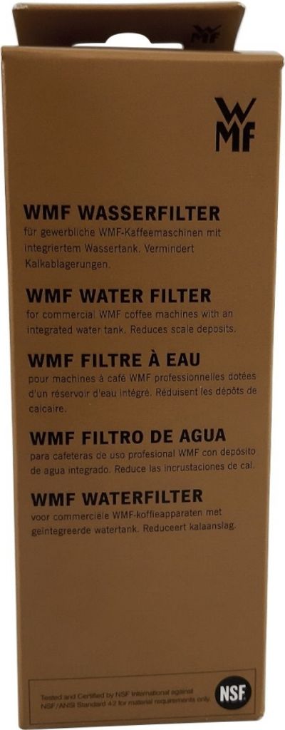A close-up of a cardboard box for a WMF water filter.