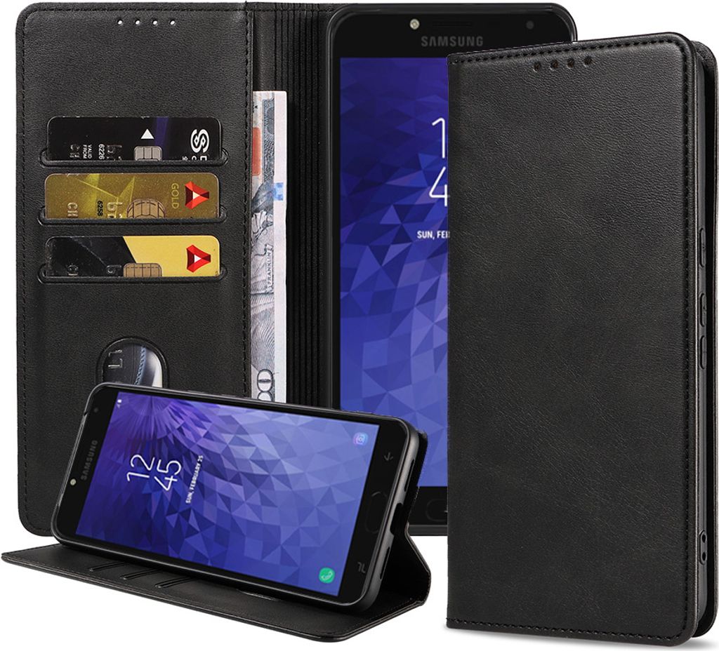 Smartphonica Handytasche passend für Samsung Galaxy J4 (2018) Kunstledertasche mit Magnetverschluss und Kartenhaltern Buchhülle mit Klappe - Schwarz