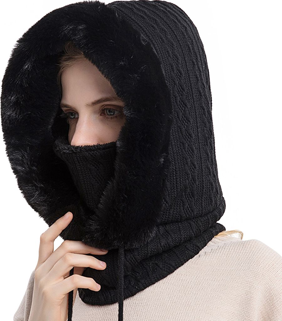 3 in 1 Winter Damen Strickmütze Dicke Fleecefutter Warm Skimütze mit Schal Gesichtsmaske Outdoor Cycling Winterfeste Skimütze, Farbe:Schwarz