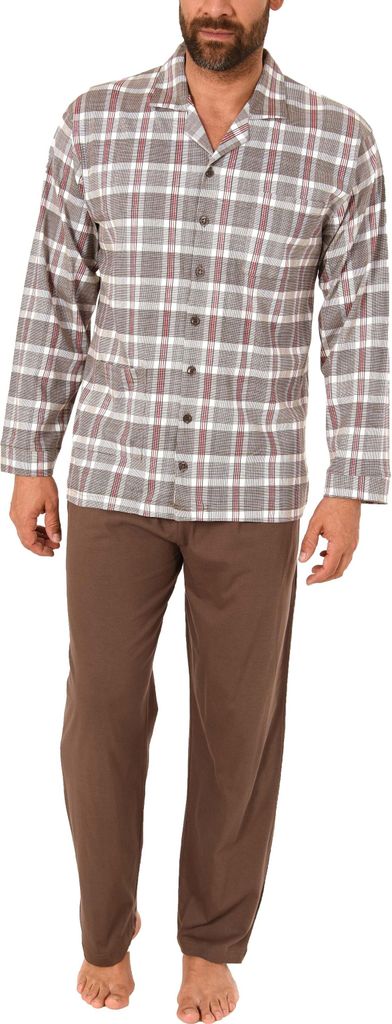 Herren Pyjama Schlafanzug langarm zum durchknöpfen – auch in Übergrössen – 281 101 90 441 ; braun , 70