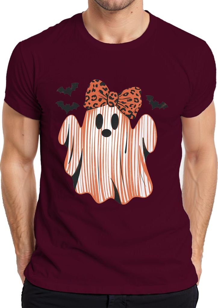 Halloween Geist Süßer Leopardenschleife Kinder Mädchen Gestreift Herren T-Shirt, Burgundy, L