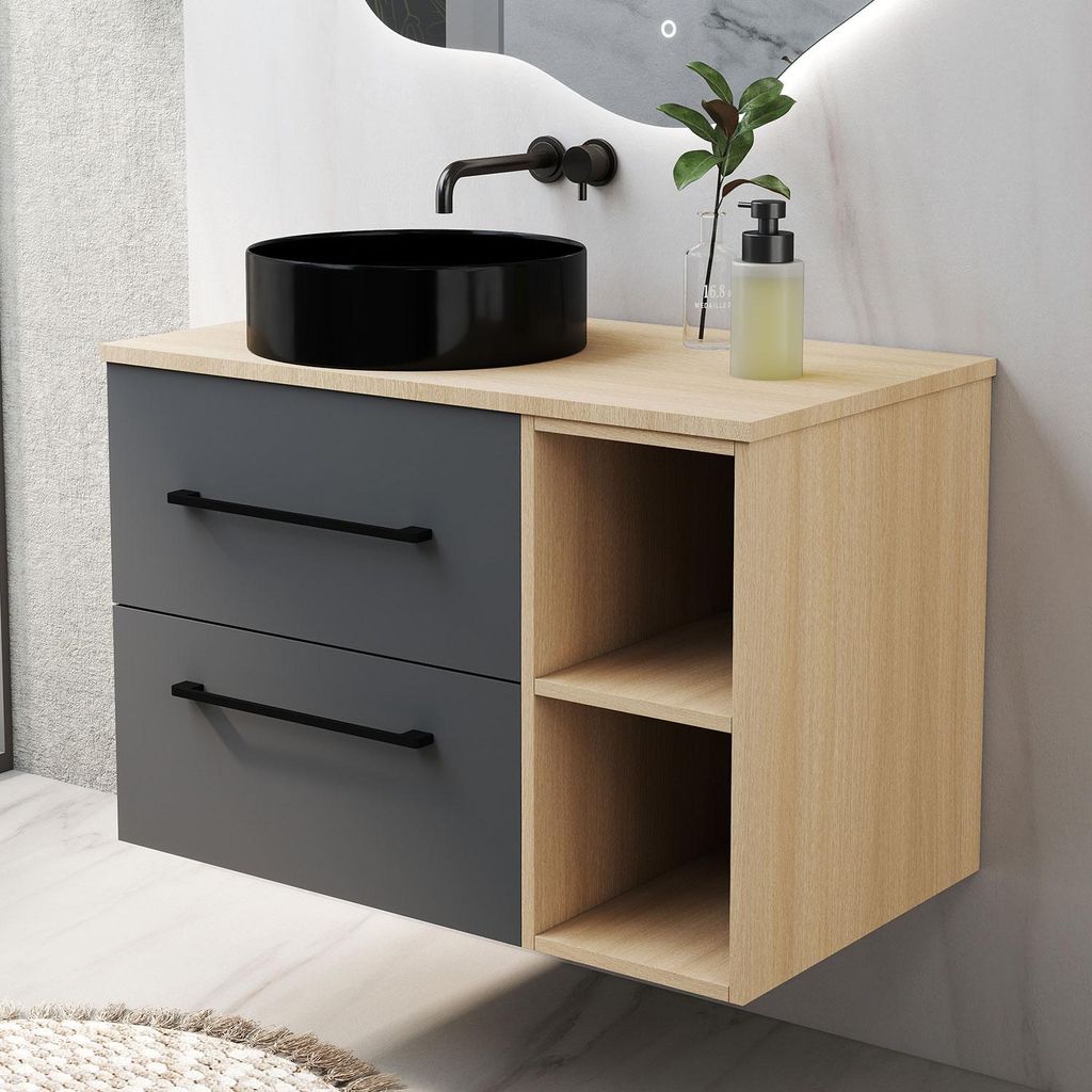 Waschtisch mit Unterschrank GHENT 80cm Dunklegrau Aufsatzwaschbecken Schwarz Waschbecken mit Unterschrank Badmöbel Set MDF Softclose