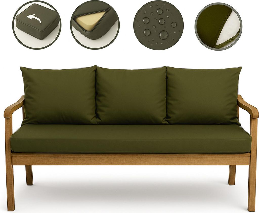 A set of green outdoor cushions for a sofa, displayed on a wooden sofa frame against a white background. Four circular insets show details of the cushions.