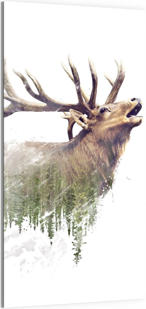 DEQORI Magnettafel Glas 50x100 cm 'Hirsch röhrt im Wald' beschreibbar Whiteboard