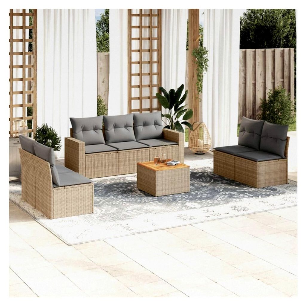 Garten-Sofa-Set mit beigen Kissen, 8-teiliges Rattan-Set, Gartenmöbel für den Außenbereich