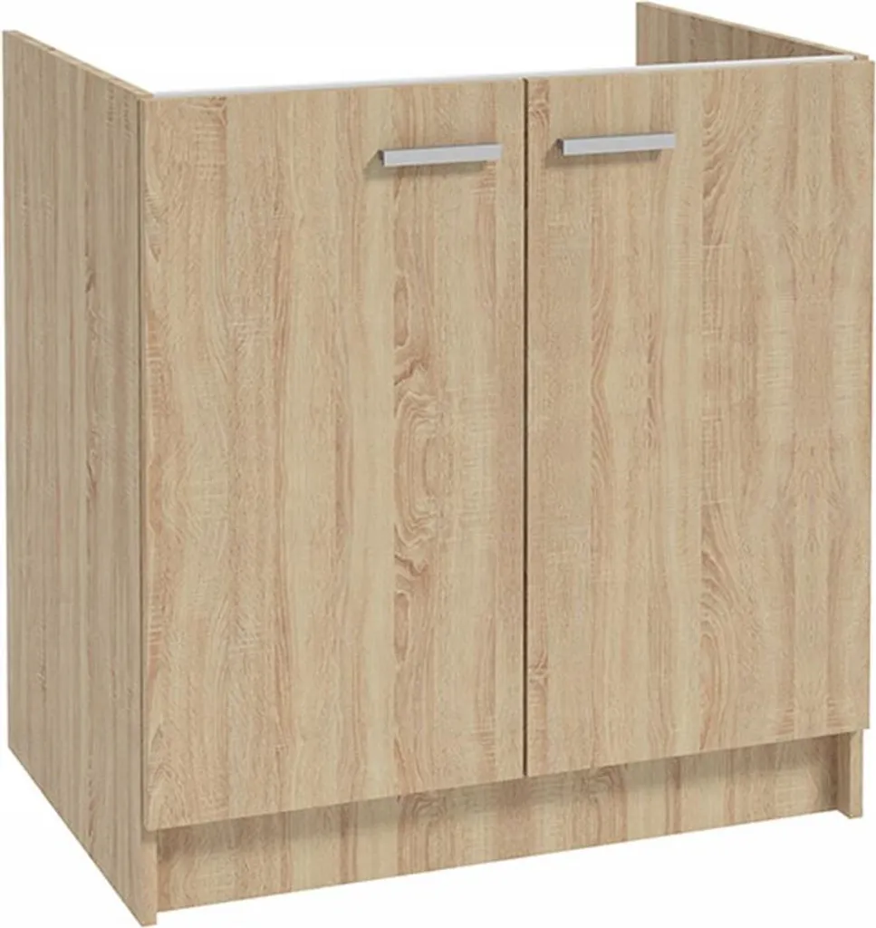 Meuble bas cuisine 80cm Chêne Sonoma évier 2 bacs et robinet noir pro