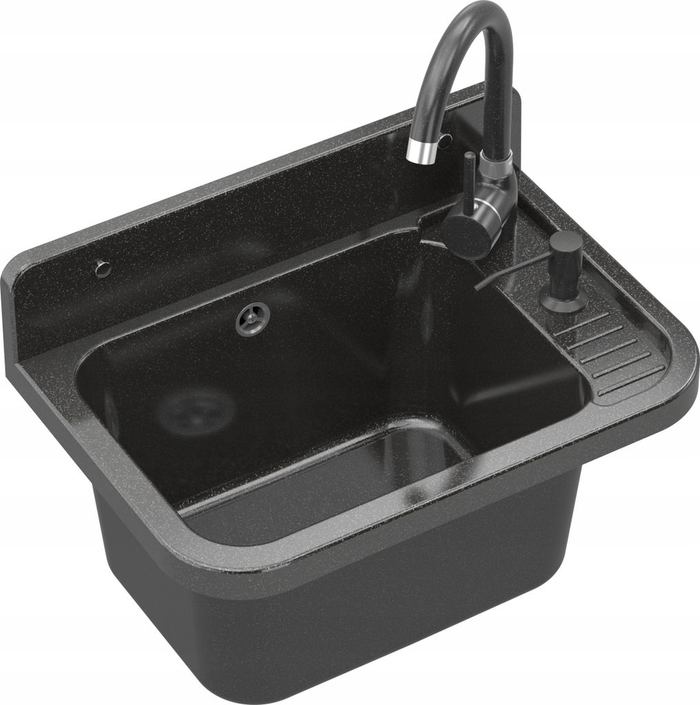 A black sink with a faucet and soap dispenser, shown from a slightly elevated angle against a white background.