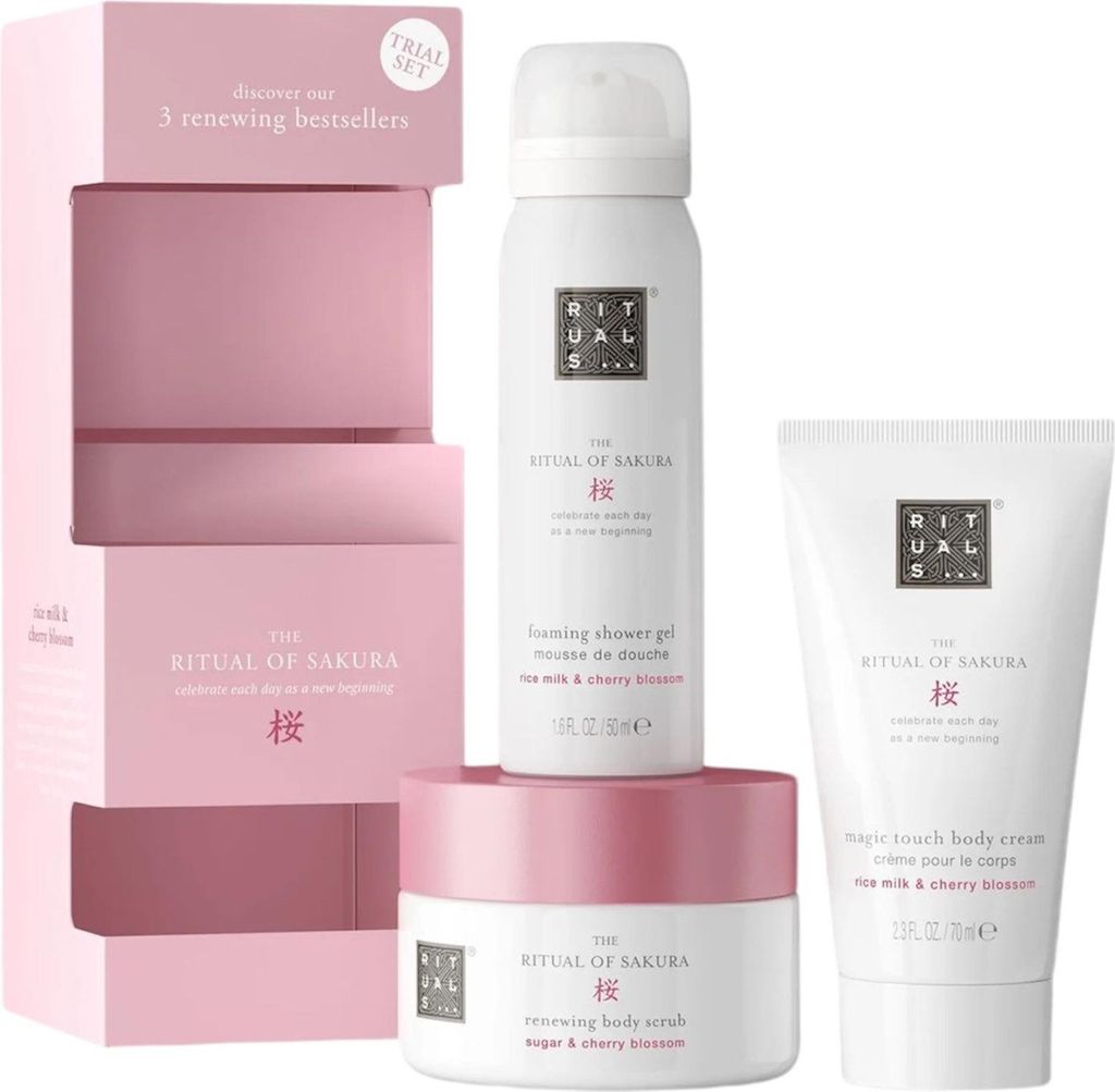 A gift set of Rituals Sakura products arranged on a white background.