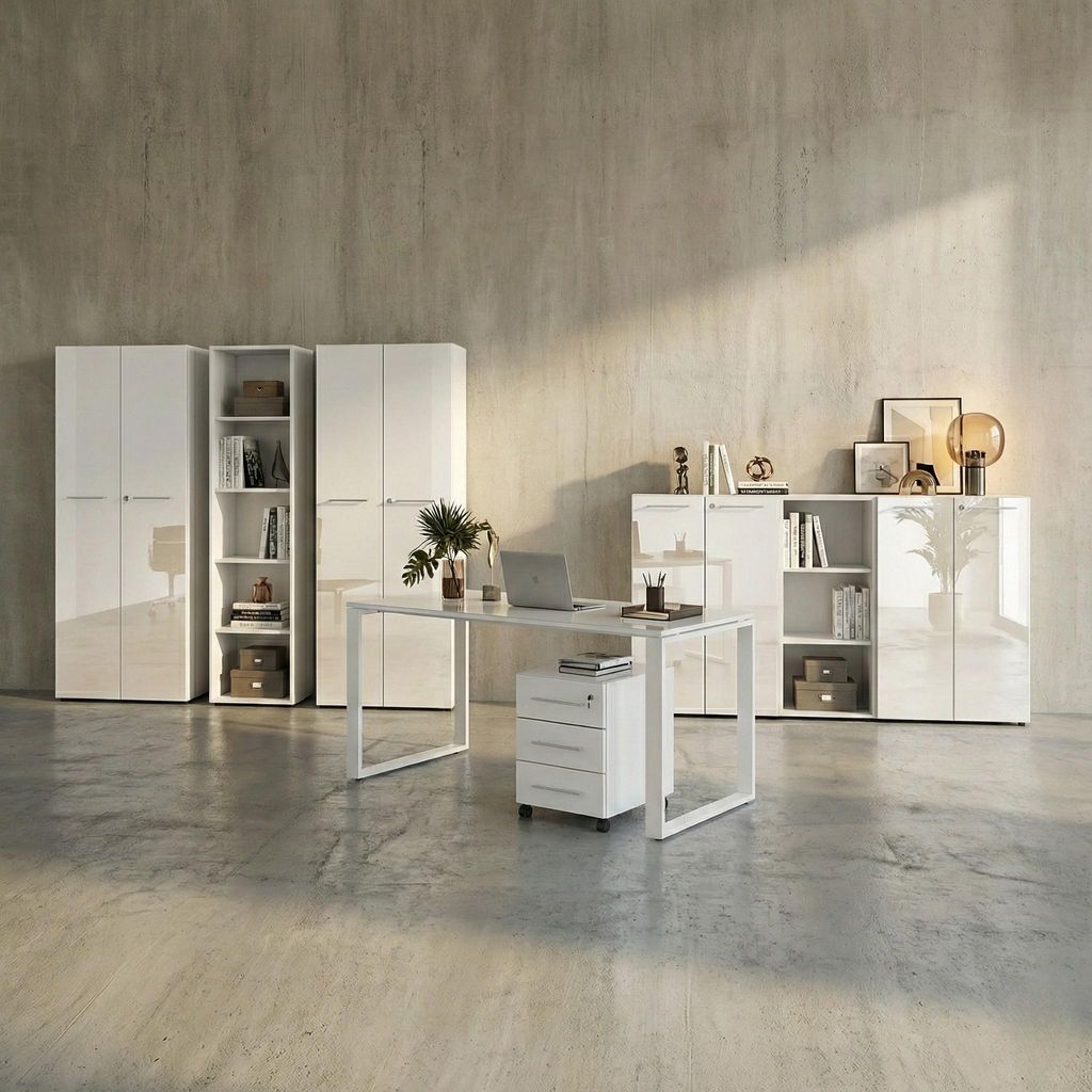 Büro-Set 8-tlg Komplettbüro MUENCHEN Weiß | Schreibtisch, 6 Schränke, Container | Glasfront Soft-Close Abschließbar | Germany | Kadima Design