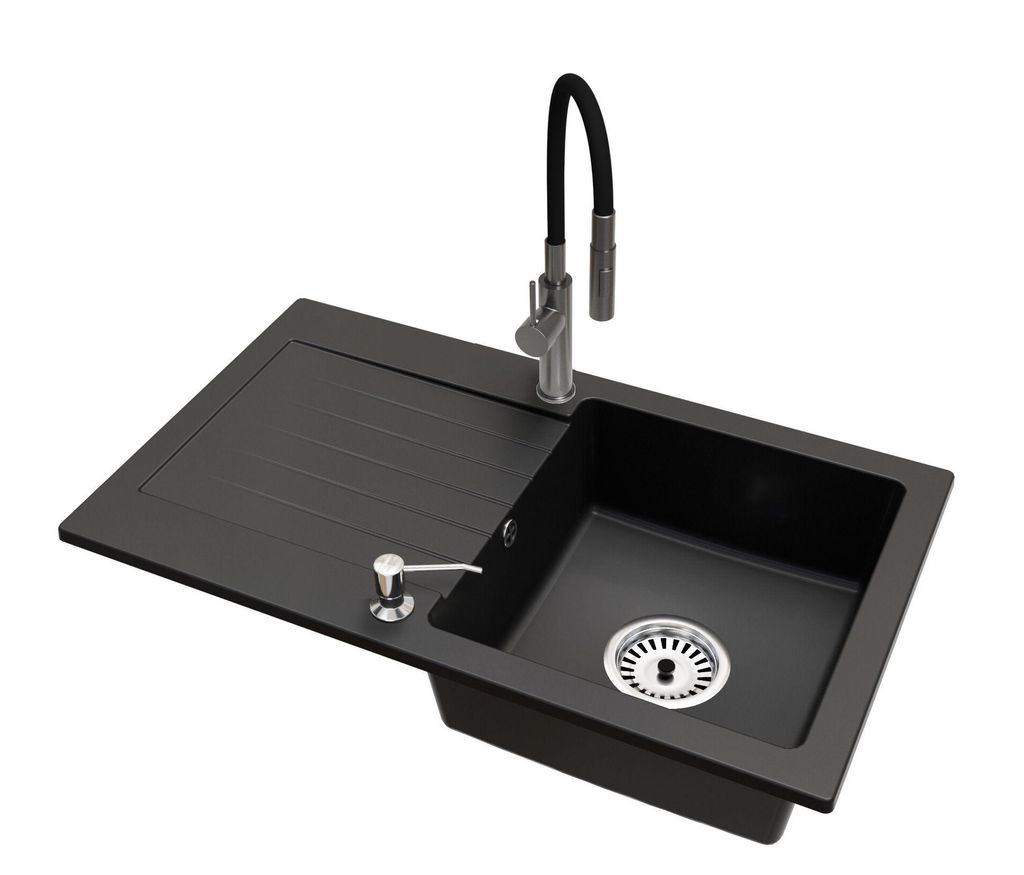 Granit Küchenspüle LEON Einbecken mit Abtropffläche inkl. Armatur Full New, Seifenspender und Raumsparsiphon