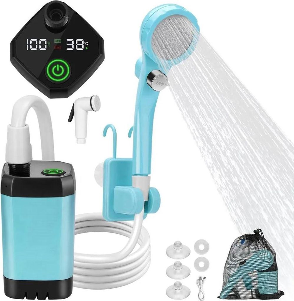 Traumheim Campingdusche, Akku-Pumpe, Duschkopf, Schlauch, tragbar, ABS-Kunststoff, 1kg, 2m Schlauchlänge, USB 5V (0.5-2A), mit Temperaturanzeige, ...