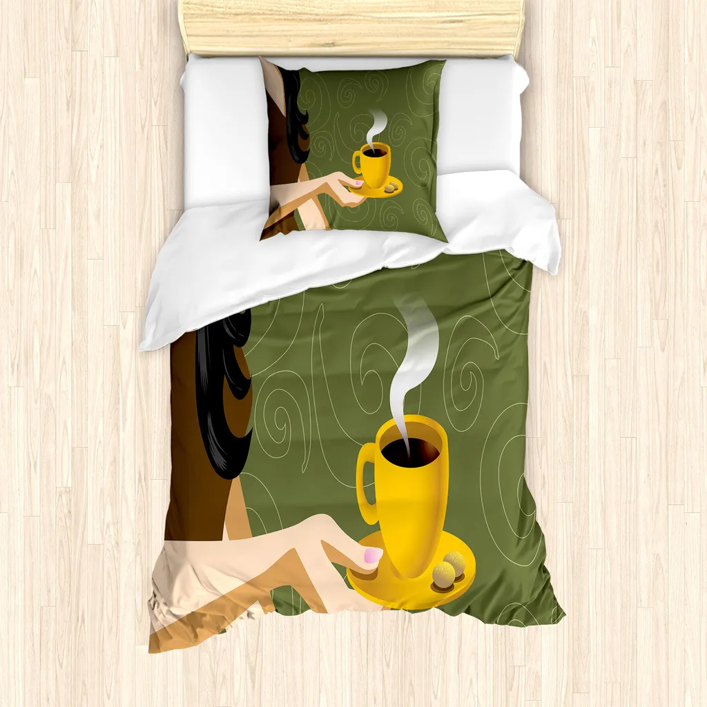 ABAKUHAUS Set copripiumino per letto singolo, donna con biscotto, antiacaro, adatto a chi soffre di allergie, con federa, 135 cm x 200 cm - 80 x 80 cm, verde oliva multicolore
