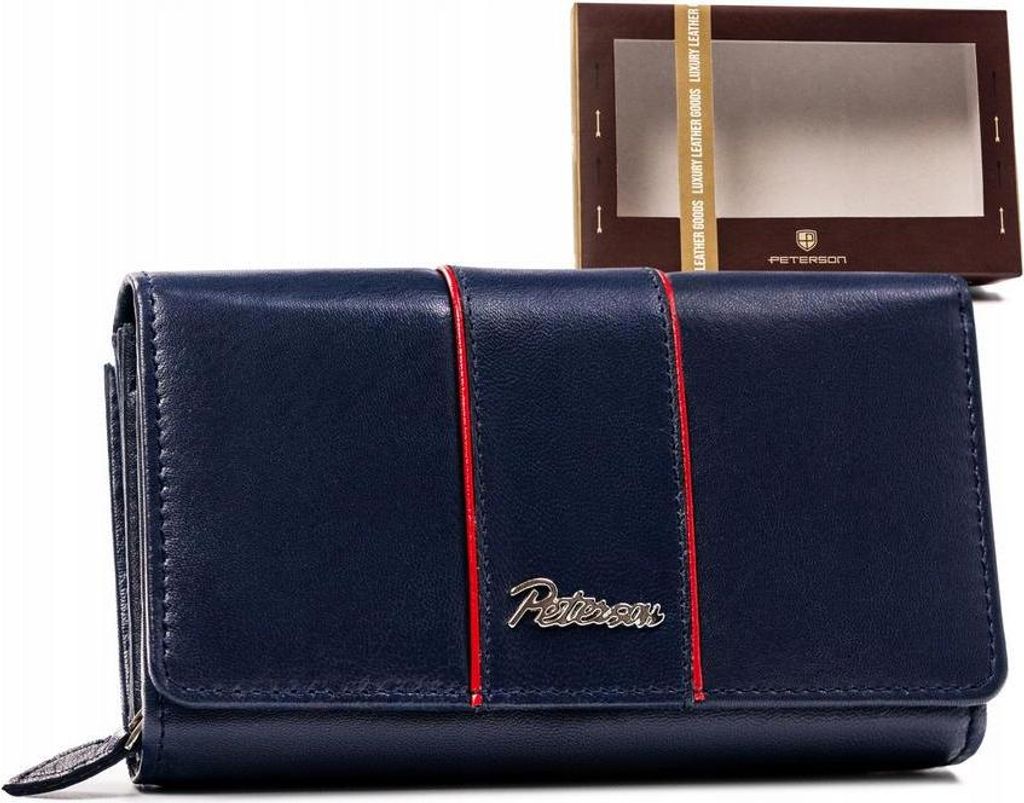 Peterson | Großes Portemonnaie, mit Lederschließe, für Frauen, Naturleder, Marine, 17x10 cm