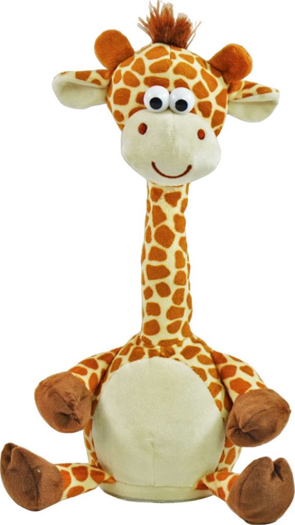 A plush toy giraffe sitting down against a white background.