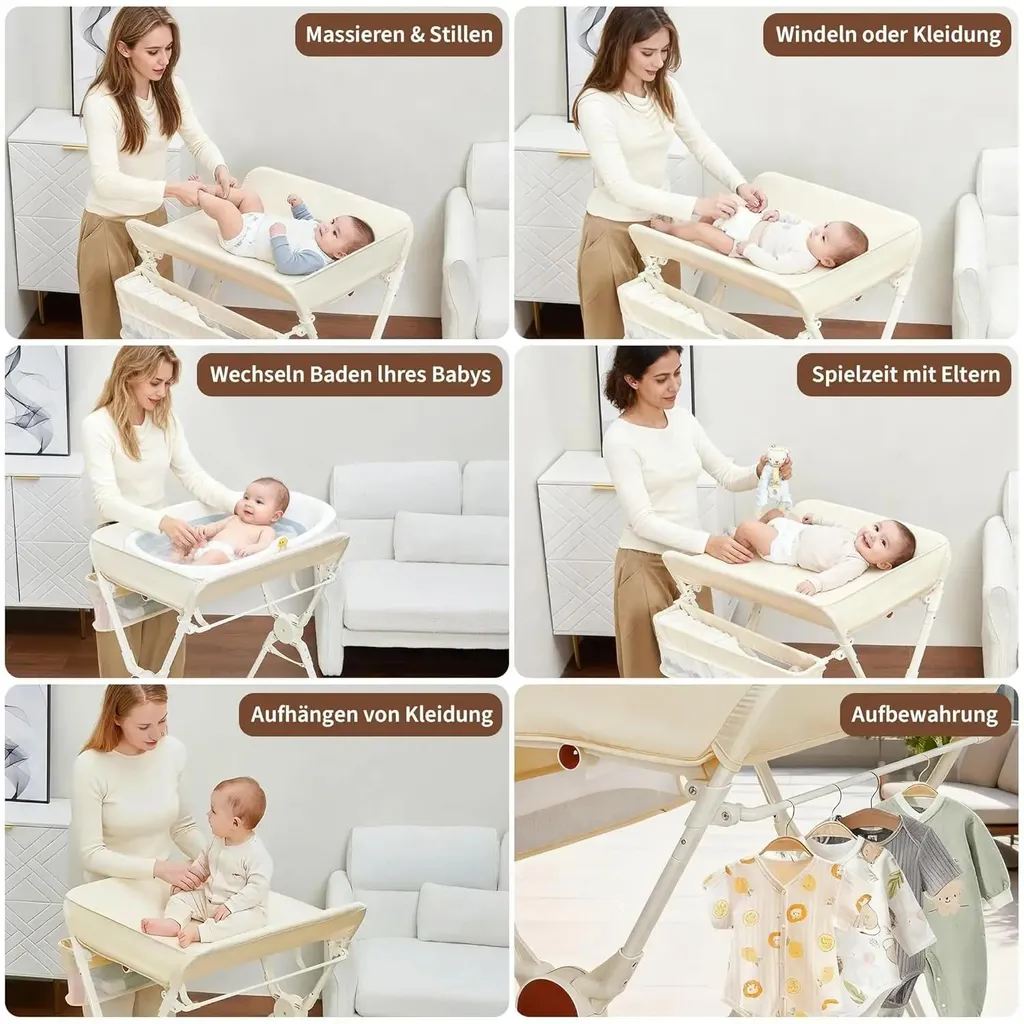 Table à langer pliable beige avec rangement et tringle à vêtements