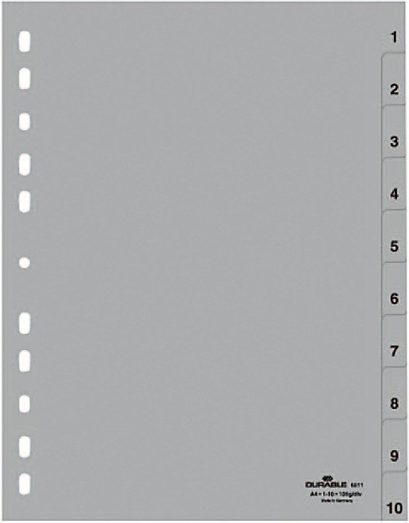 Zahlenregister, PP, 1 - 10, grau, DIN A4 volldeckend, 215/230 x 297 mm, 10 Blatt