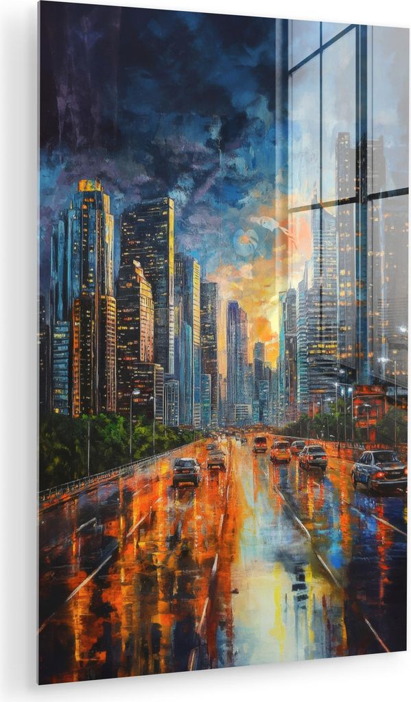 MuchoWow Glasbilder - Bilder auf Wandbild - Foto auf Glas Auto - Skyline - Sonne - Blau 80x120 cm Wanddekoration aus Glas - Acrylglasbild - Acrylbi...