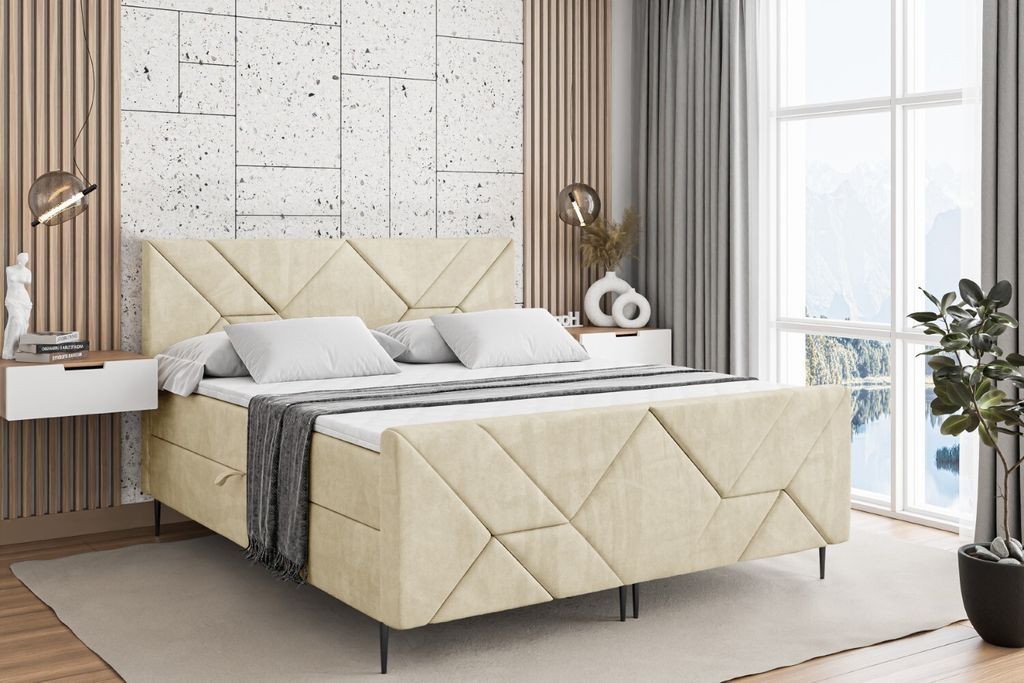 ALTDECOR Boxspringbett mit Schwarz Füßen, Matratze und Lattenrost, Topper, Fußteil, Polsterbett mit Bettkasten, Bett mit Stauraum H3-Matratze, D...