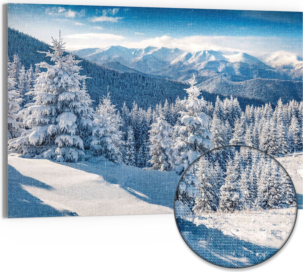 DEQORI Hybrid Leinwand Bild 90x60 cm 'Karpatenwinter' Wandbild Glas flach modern