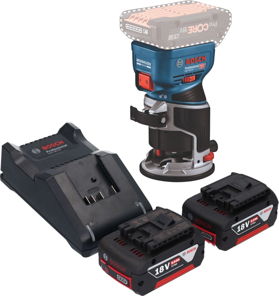 Bosch GKF 18V-8 Professional Akku Kantenfräse 18 V 8,0 mm Brushless + 2x Akku 5,0 Ah + Ladegerät