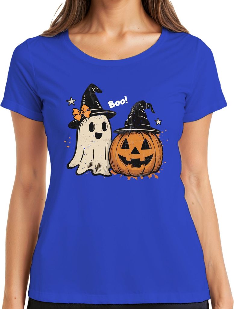 Boo Halloween Kürbis Geist niedlich Hexenhut Retro Vintage Süß Damen T-Shirt, Blau, XL