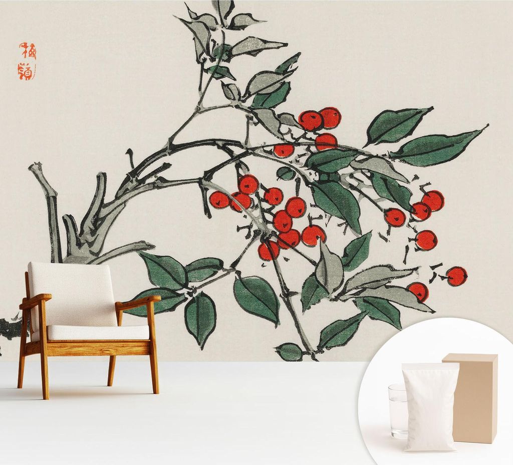 Fototapete - 312x219 cm - Tapete - Wandtapete - Wandbilder - Dekofolie - Tapete Folie - Wand - Dekoration - Wohnzimmer - Ein Zweig Beeren