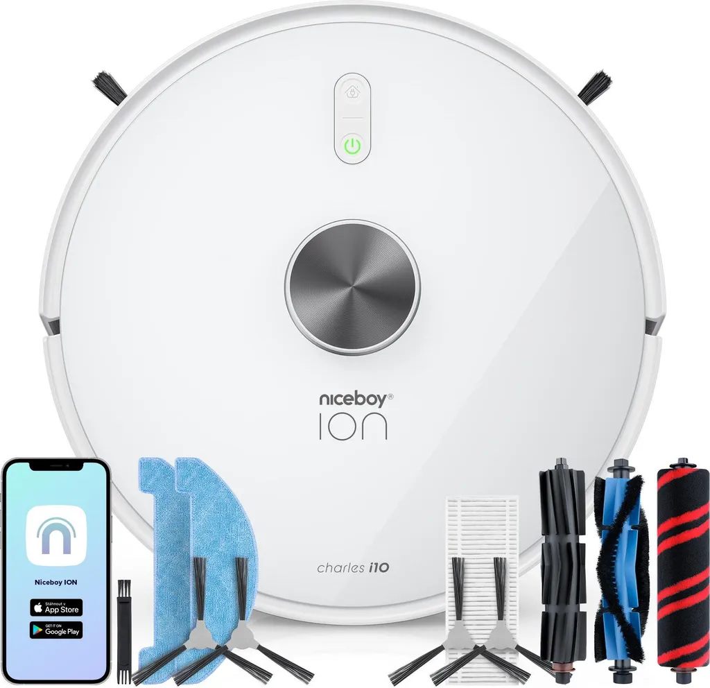 Niceboy ION Charles i10 Blanc : Robot 2-en-1 Aspiration Puissante 3500 Pa