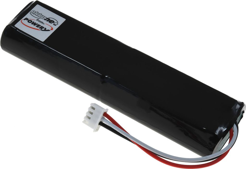 A black battery pack with a white label and a white connector with red, black, and white wires.