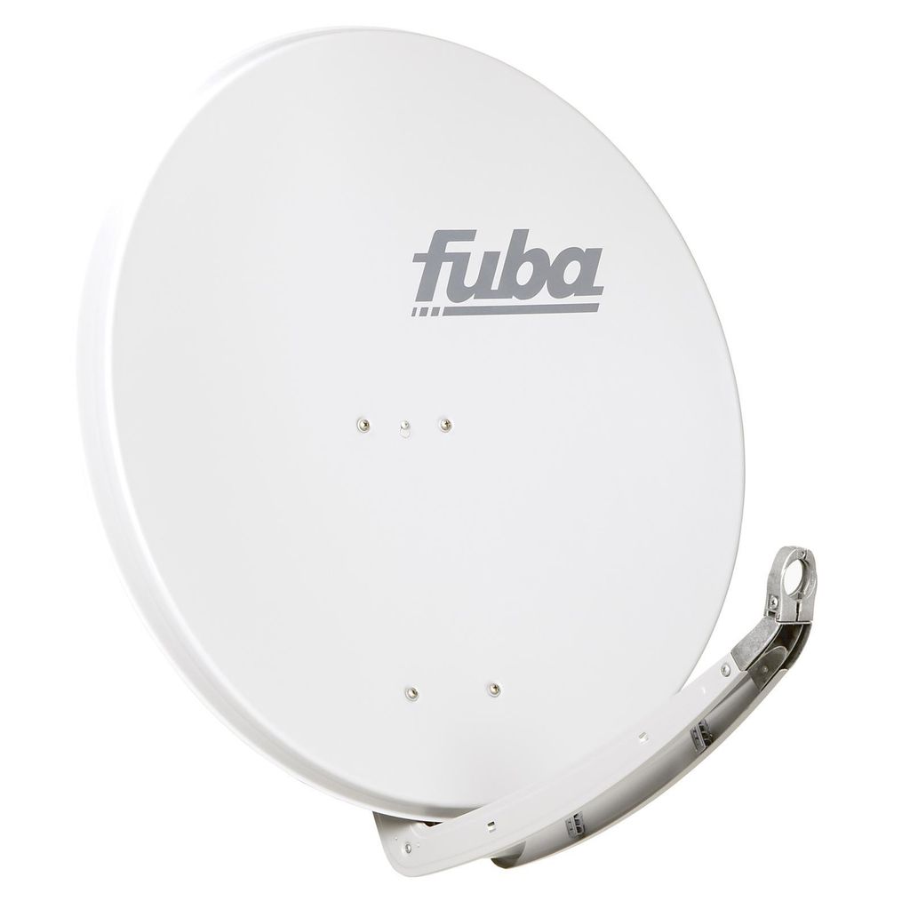 A white satellite dish with the Fuba logo is shown against a white background.