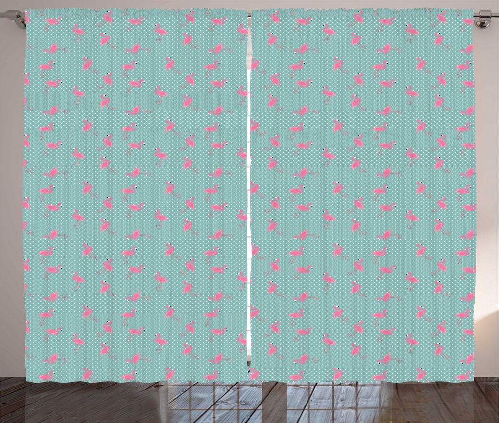 ABAKUHAUS Flamingo Rustikaler Gardine, Retro Szene Tupfen, Schlafzimmer Kräuselband Vorhang mit Schlaufen und Haken, 280 x 225 cm, Seafoam und Rosa