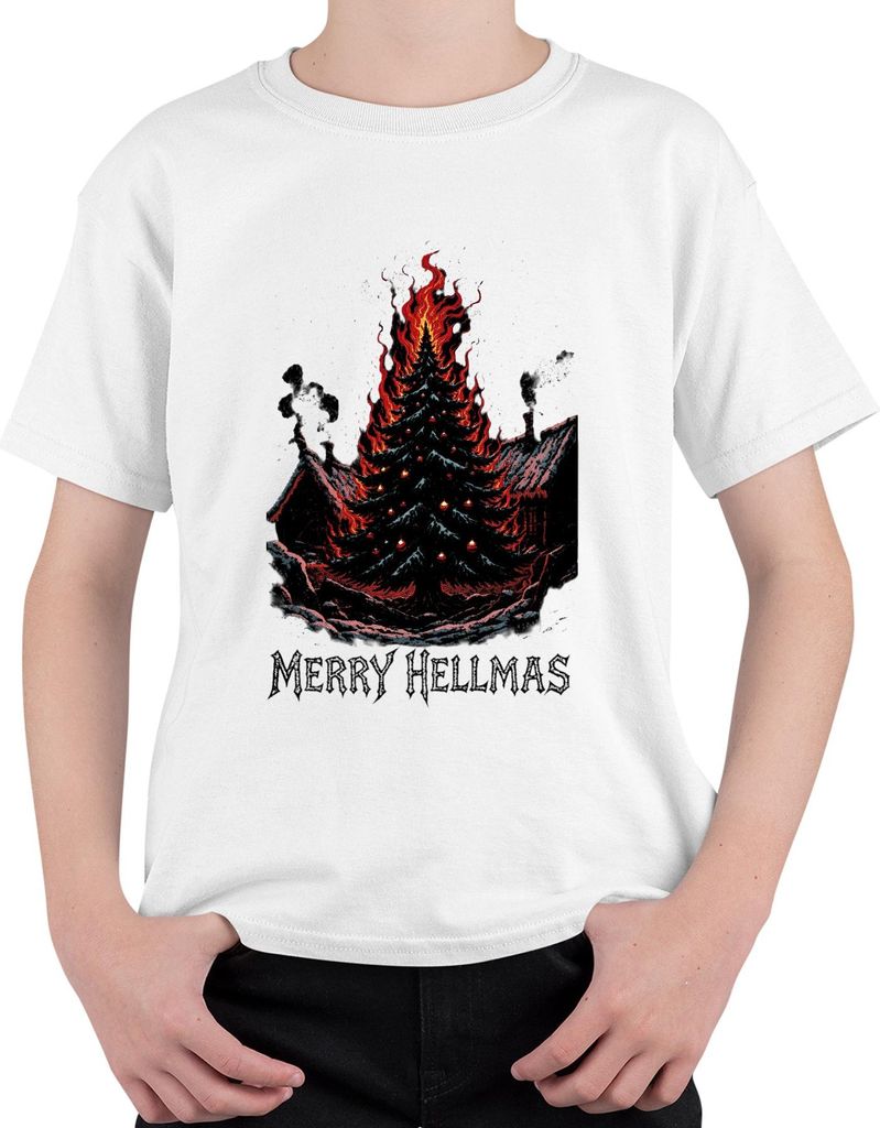 Merry Hellmas brennender Weihnachtsbaum Feuer düster Gothic Uni Kinder T-Shirt, Weiß, 104