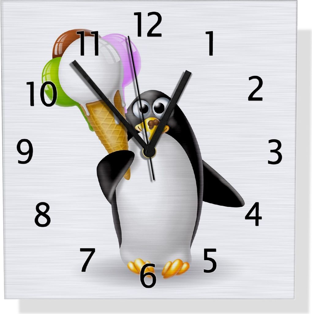 Wallario Design Wanduhr Süßer Eis Pinguin aus Aluverbund, Größe 30 x 30 cm