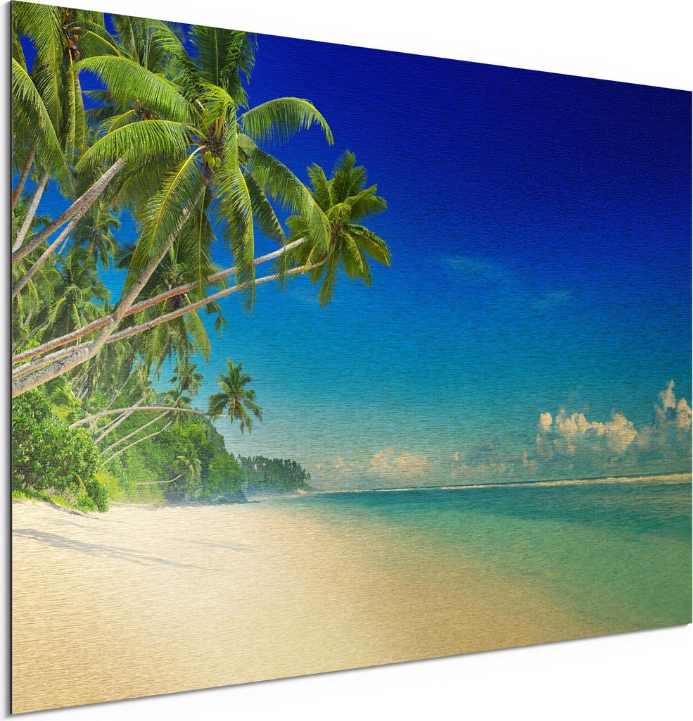 DEQORI Alu-Dibond Bild Gold 60x40 cm 'Palmen am Sandstrand' Wandbild Metall dünn Design