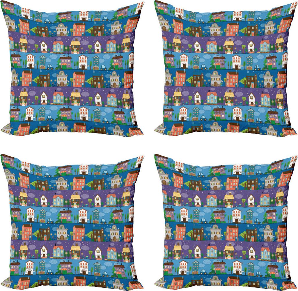 ABAKUHAUS Städtisch Kissenbezug Set (4 Stück), Hand gezeichnete Häuser, Moderner Doppelseitiger Digitaldruck, 60 cm x 60 cm, Mehrfarbig