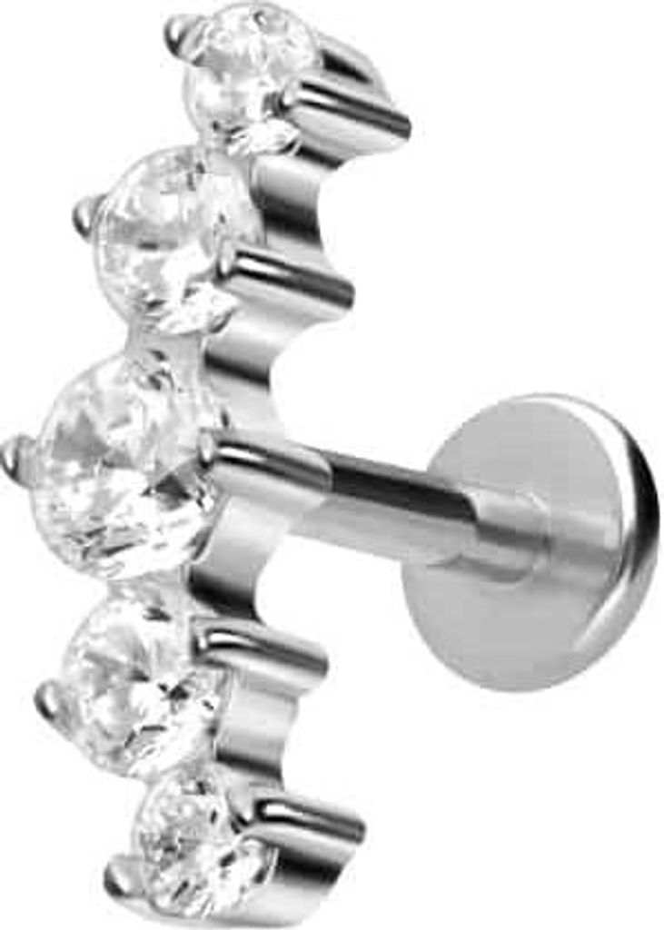 Ohrpiercing, Nasenpiercing Titan Labret mit Innengewinde 5 EINGEFASSTE KRISTALLE Silber Stablänge: 6mm | Stabstärke: 1,2mm