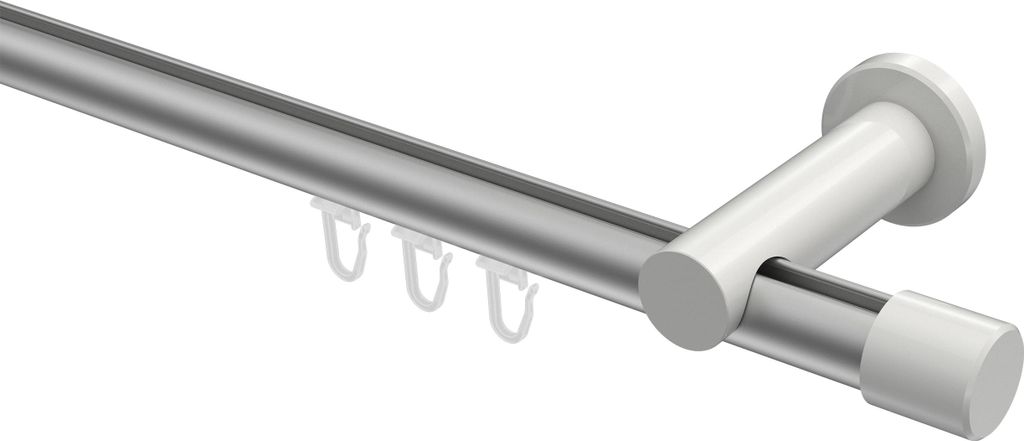 Interdeco Innenlaufstange / Gardinenstange mit Innenlauf Silbergrau / Weiß, Typ Platon Santo (Kappe), 20 mm Ø 1-läufig, 520 cm