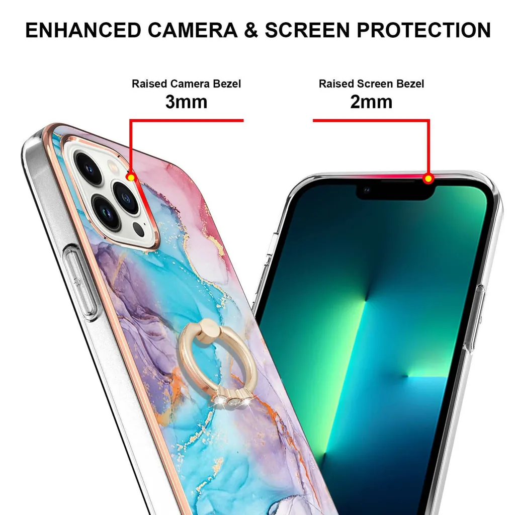 Custodia per iPhone 14 Pro, custodia protettiva in silicone TPU a fantasia con supporto ad anello blu - 3