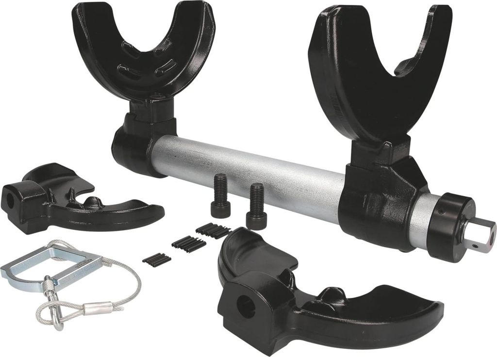 A set of spring compressors and accessories laid out on a white background.